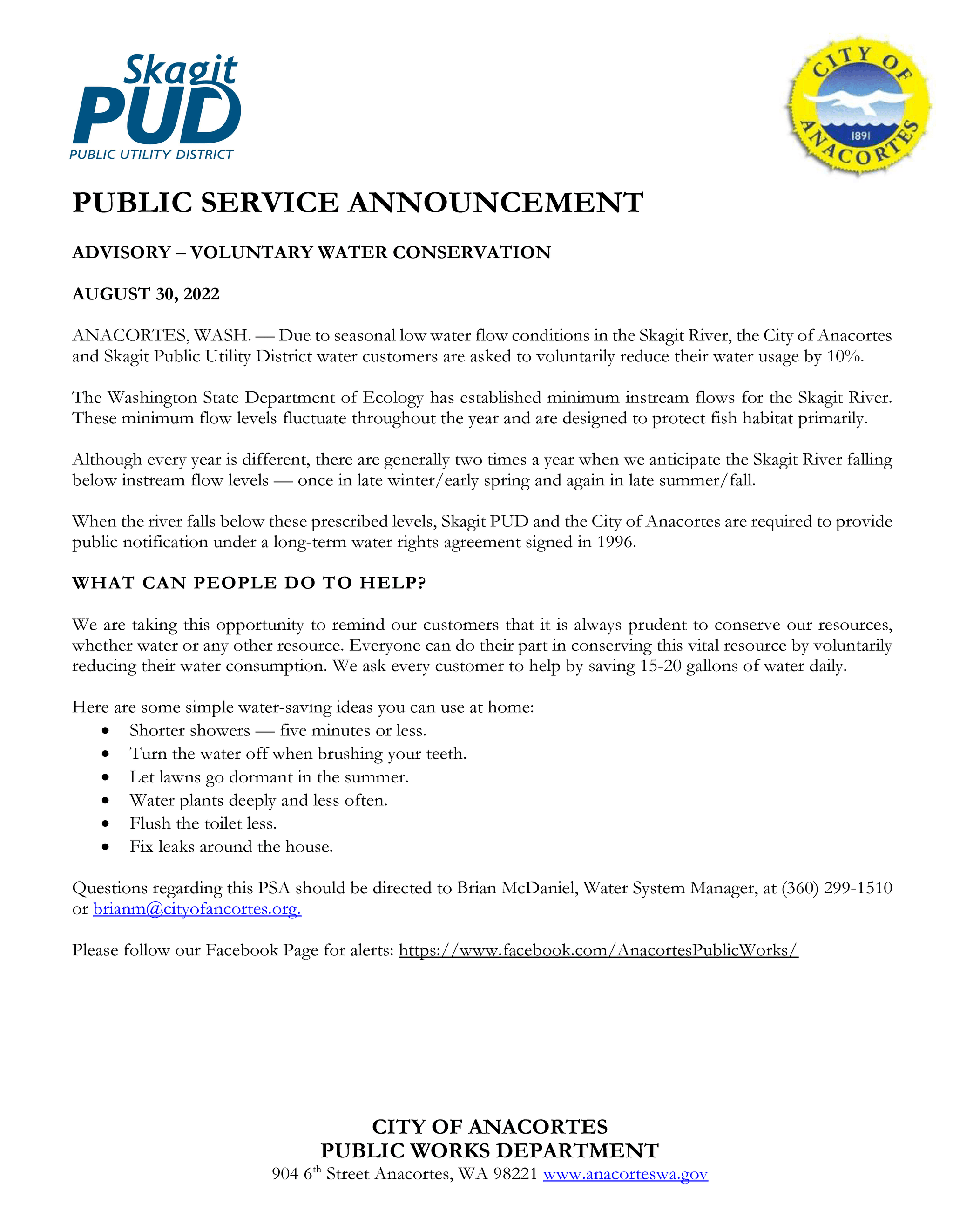 22.08.30 PRESS RELEASE - Voluntary Water Conservation from City of Anacortes