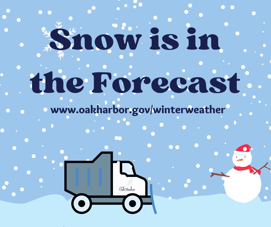 Snow in Forecast with picture of snow person, snow falling, snow drifts, and snow plow