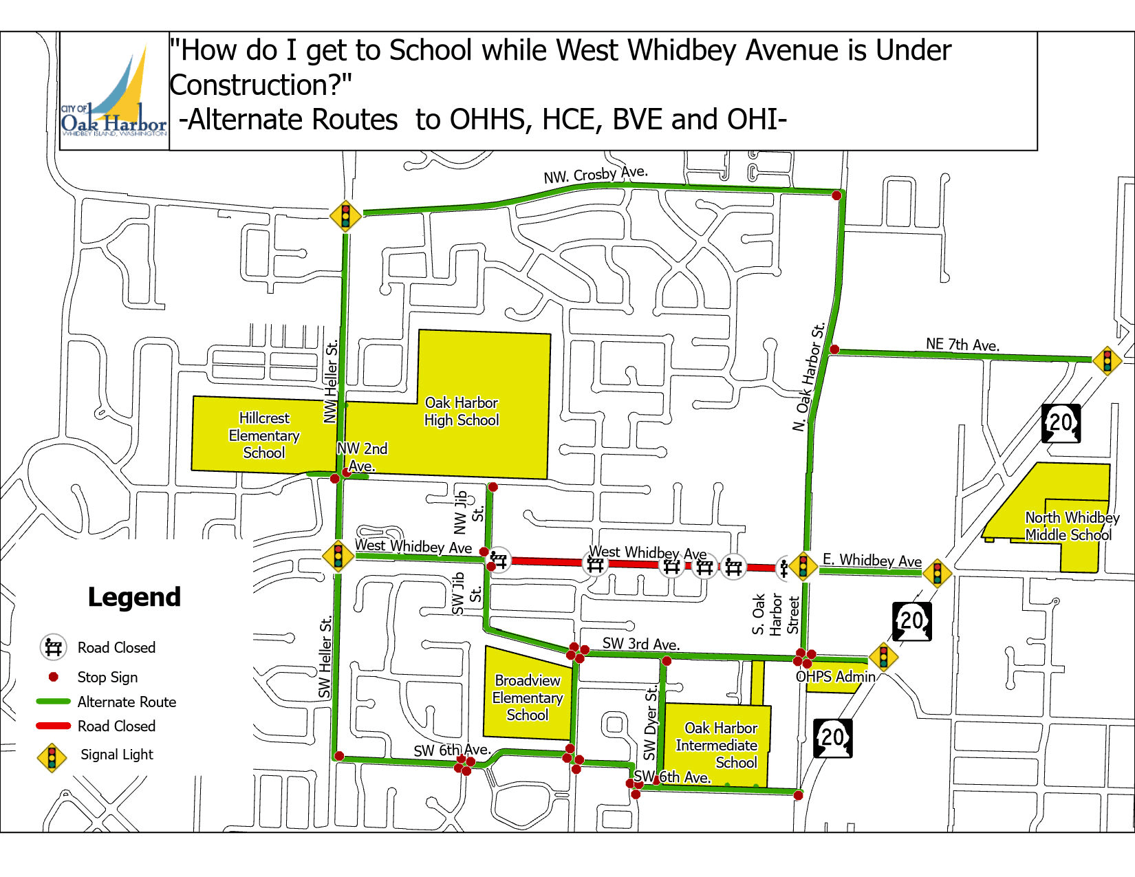 West Whidbey Avenue Road Closure Map with Routes To School 
