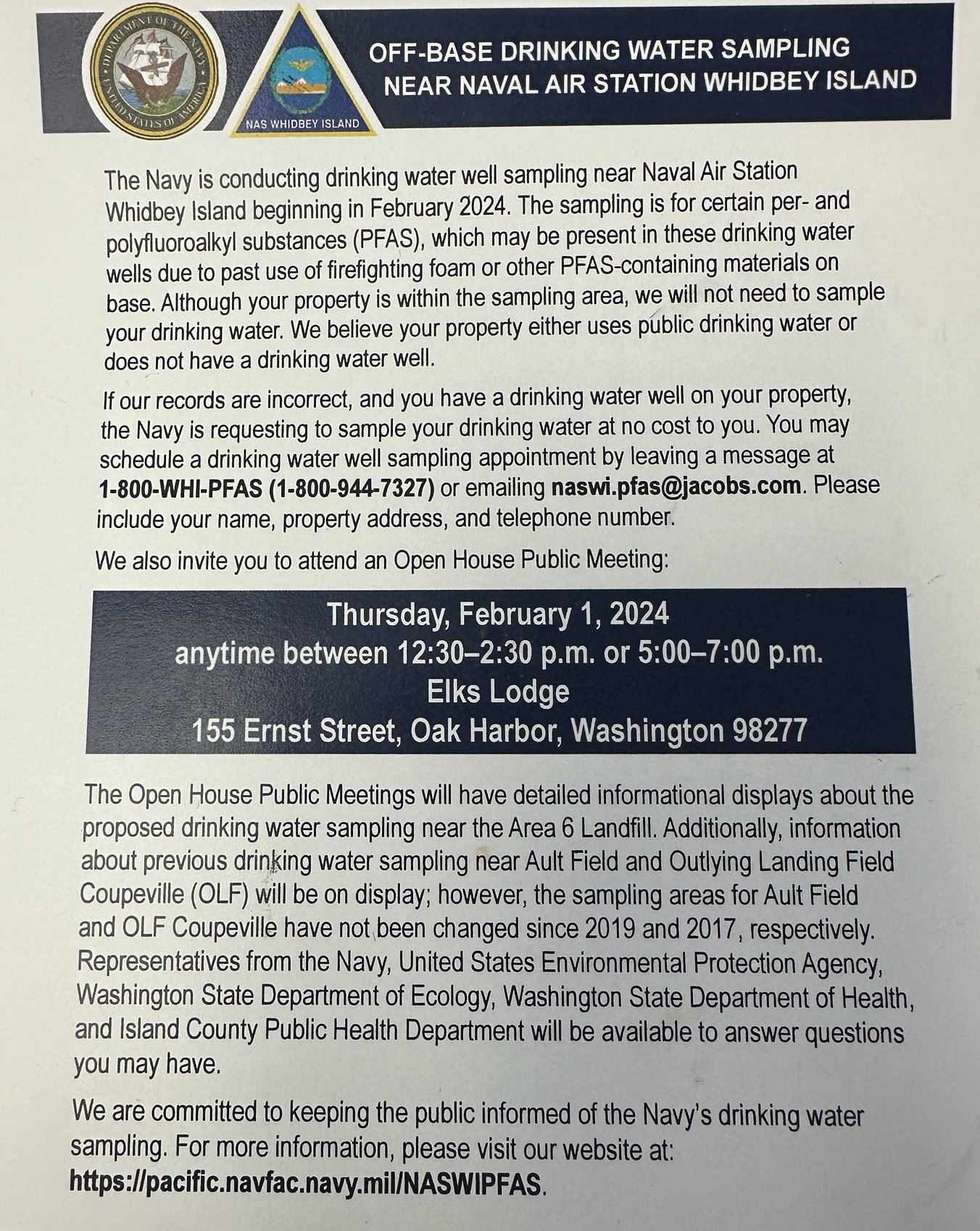 Image of the PFAS Postcard the Navy Mailed to Properties