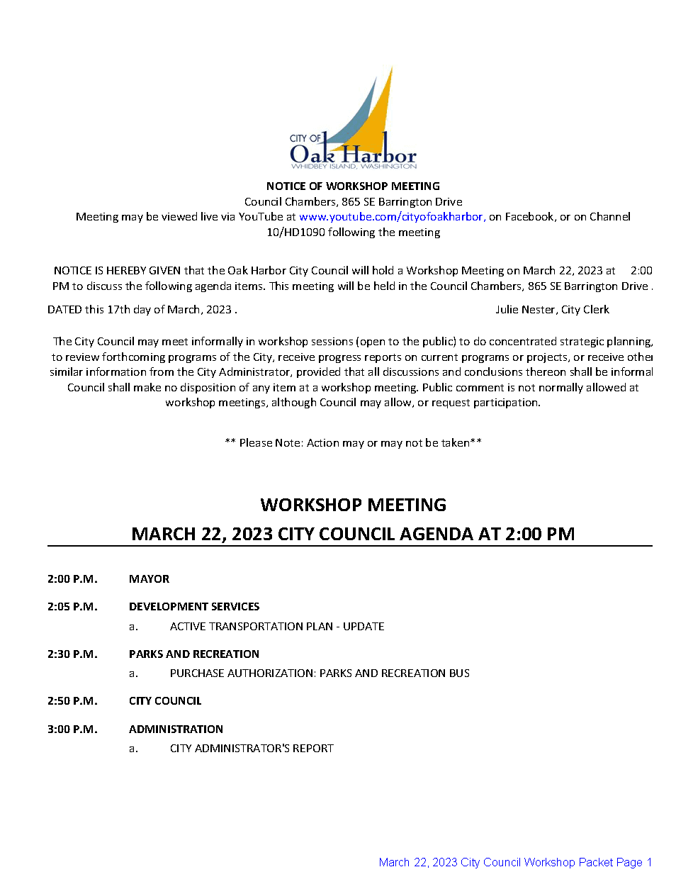 Image of the March 22, 2023 City Council Workshop Agenda
