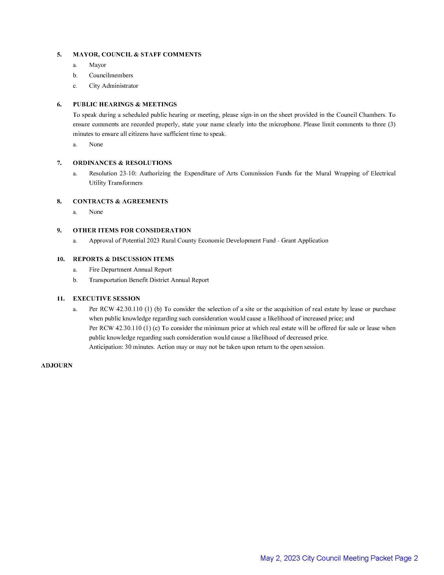 Image of May 2, 2023 City Council Agenda Page Two