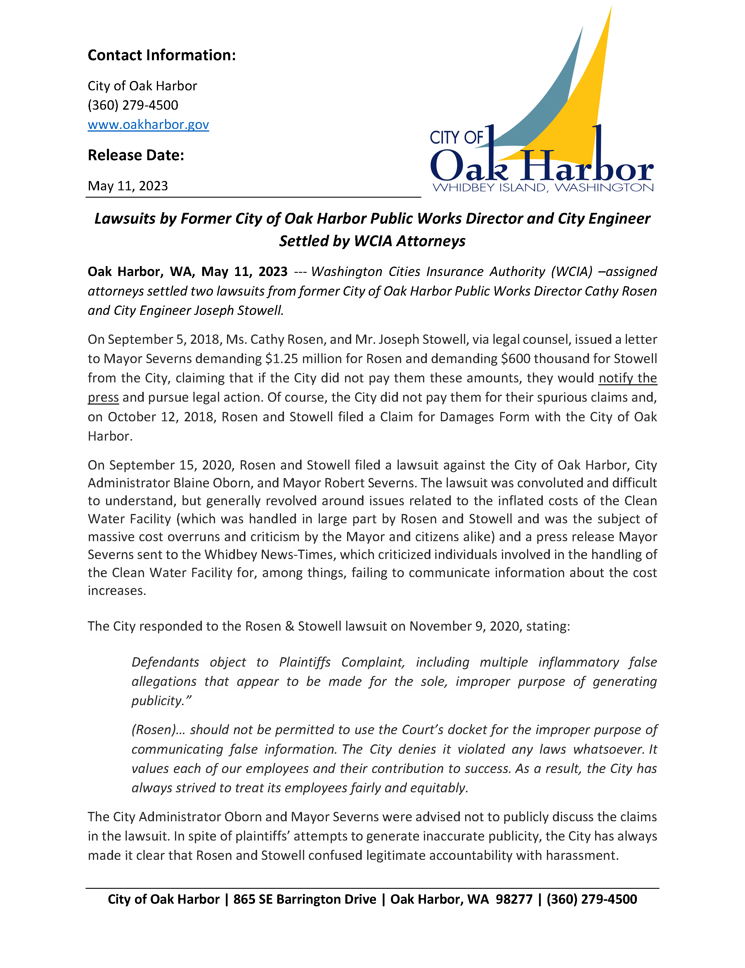 051123 NEWS RELEASE Rosen and Stowell Settlement Page 1 Image