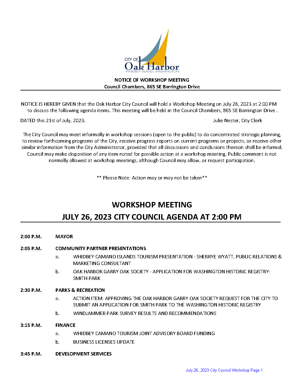 Image 07-26-23 City Council Workshop Agenda Page 1